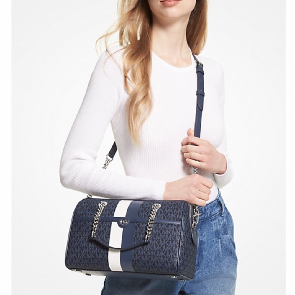 MICHAEL KORS Blaire Admiral Silver-Tone Hardware Medium Duffel Satchel Bag NWT